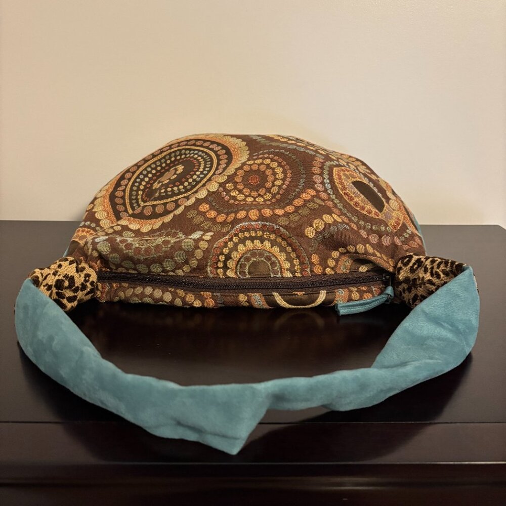 Atenti Brown and Teal Circle Patterned Embroidered Fabric Hobo Shoulder Bag - Picture 4 of 10